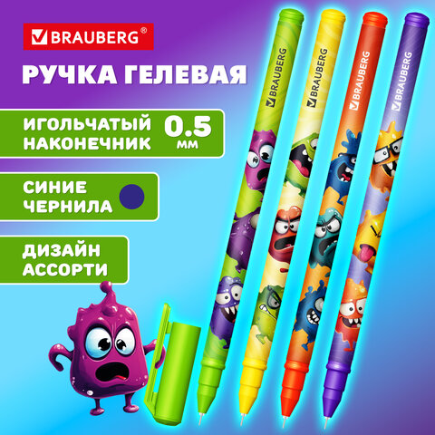 Ручка гелевая, кросс-серия "МОНСТРИКИ", BRAUBERG, СИНЯЯ, корпус ассорти, игольчатый наконечник 0,5 мм, линия письма 0,3 мм,144483
