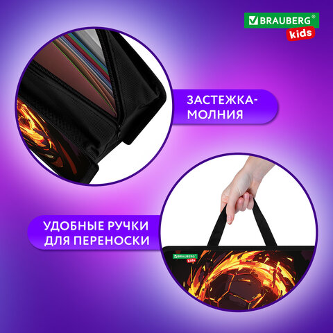 Папка на молнии с ручками BRAUBERG KIDS А4, 1 отделение, пластик, 100 мм, "Fire split", 273378