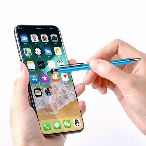 Ручка-стилус SONNEN для смартфонов/планшетов, СИНЯЯ, корпус ассорти, серебристые детали, линия письма 1 мм, 141587