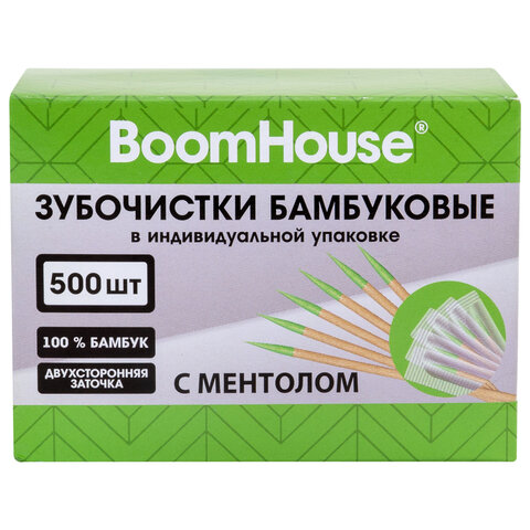 Зубочистки с МЕНТОЛОМ бамбуковые 500 шт. в индивидуальной упаковке, BOOMHOUSE (БУМХАУС), 701952