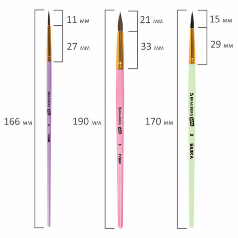 Кисти НАБОР 5 шт. (БЕЛКА круглая № 3; КОЗА круглые № 6, 8; ПОНИ круглые № 2, 5), BRAUBERG KIDS, 201080