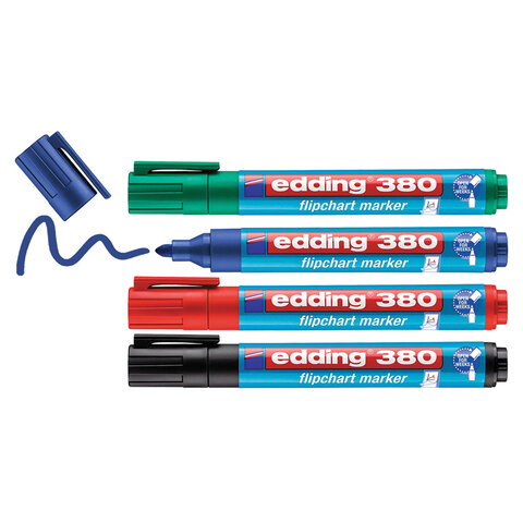 Маркеры для бумажного флипчарта EDDING 380, НАБОР 4 ЦВЕТА, НЕПРОПИТЫВАЮЩИЕ, 1,5-3 мм, E-380/4S