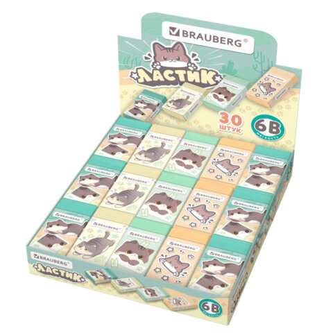 Ластик кросс-серия МИЛЫЕ КОТЫ, 50х24х10 мм, прямоугольный, картонный держатель, ассорти, ЭКО ПВХ, BRAUBERG, 273227