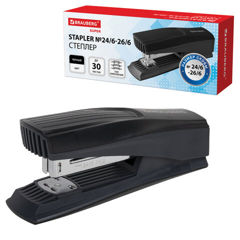 Степлер № 24/6, 26/6 BRAUBERG "SUPER", до 30 листов, черный, 272739