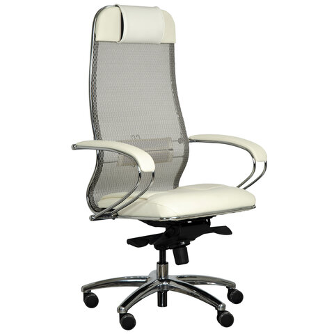 Кресло офисное МЕТТА "SAMURAI" SL-1, сверхпрочная ткань-сетка/экокожа, бежевое