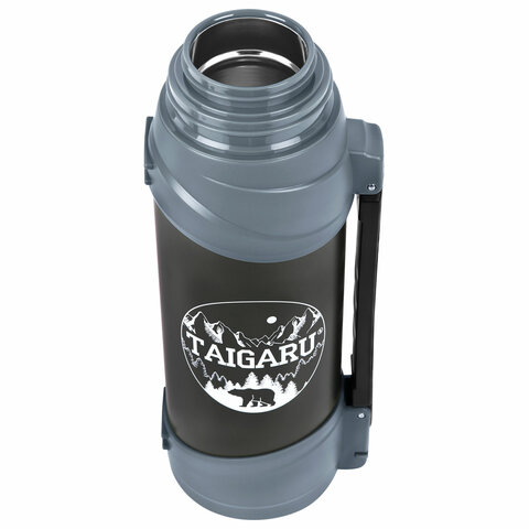 Термос классический, нержавеющая сталь 2 л, черно-серый, 2 кружки, ручка + ремешок, TAIGARU (ТАЙГАРУ), 608818