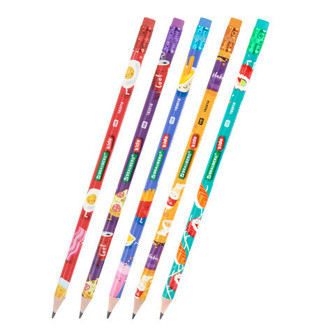 Карандаш чернографитный с принтом BRAUBERG KIDS "FOOD", 1 шт., HB, с ластиком, корпус ассорти, 182018