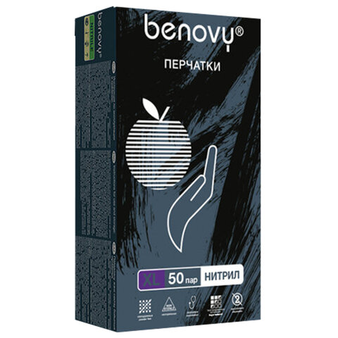 Перчатки нитриловые смотровые 50 пар (100 штук), размер 9-10, XL (очень большой), черные, BENOVY MultiColor, К