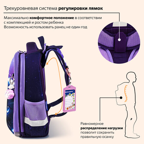 Ранец BRAUBERG PREMIUM, 2 отделения, с брелоком, "Аниме-кот", 38х29х16 см, 272017