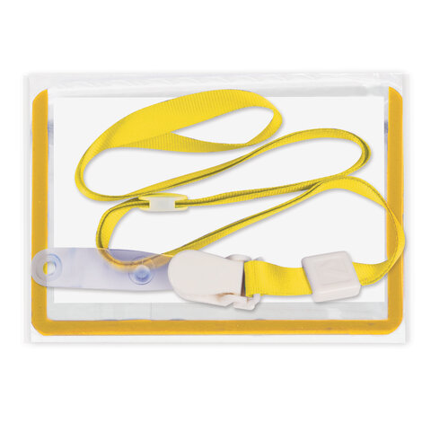 Бейдж школьника горизонтальный (55х90 мм), на ленте со съемным клипом, ЖЕЛТЫЙ, BRAUBERG, 235764