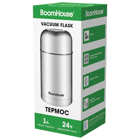 Термос 1 л для еды/напитков с широким горлом, BOOMHOUSE (БУМХАУС) WIDE, нержавеющая сталь SUS304, серебристый, 700320