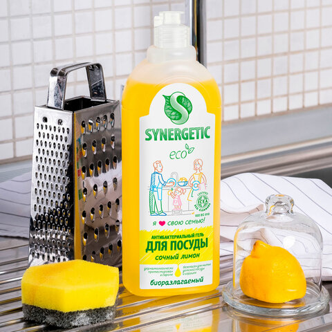 Гель для мытья посуды антибактериальный 1 л, SYNERGETIC "Лимон", флип-топ, 103101