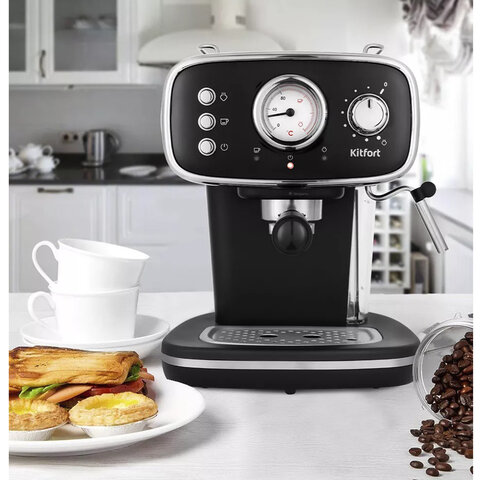 Кофеварка рожковая KITFORT КТ-736, 1100 Вт, объем 1,2 л, 15 бар, ручной капучинатор, черная