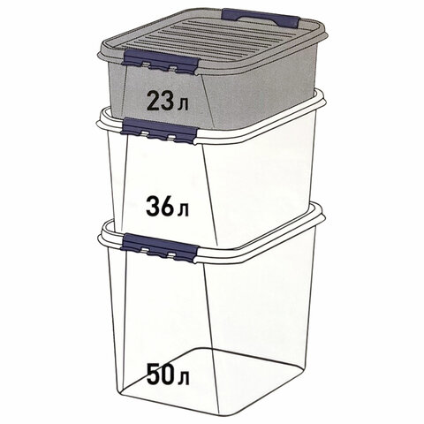 Ящик-контейнер 23 л с КРЫШКОЙ НА ЗАЩЕЛКАХ "ПРОФИ", 18х50х39 см, штабелируемый, ПРОЧНЫЙ, прозрачный, 437940000