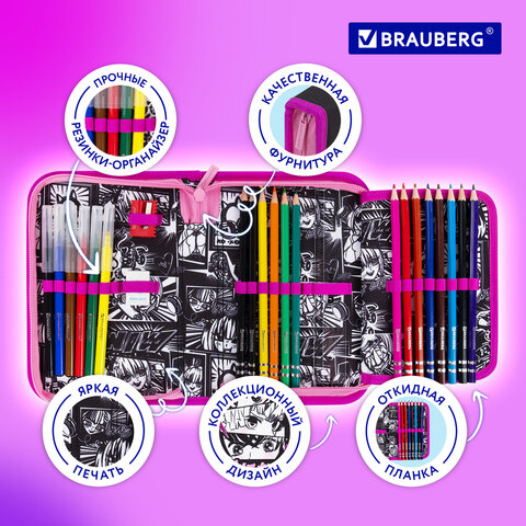 Пенал BRAUBERG с наполнением, 1 отделение, 1 откидная планка, 24 предмета, 21х14 см, "Комиксы", 272349