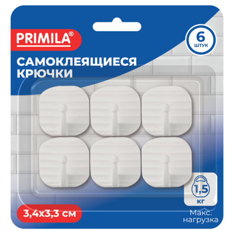 Крючки самоклеящиеся КОМПЛЕКТ 6 шт., 3,4х3,3 см, пластиковые, квадратные, белые, PRIMILA (ПРИМИЛА), 702382