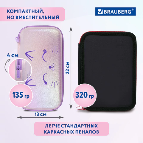 Пенал BRAUBERG SHINY, 1 отделение, 1 откидная планка, EVA, 22х13х4 см, "Cheerful", 271554