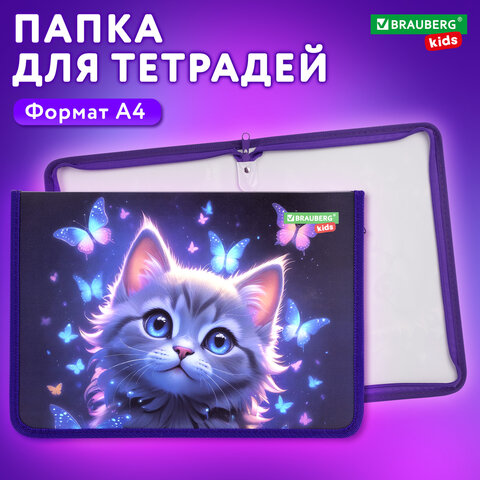 Папка для тетрадей BRAUBERG KIDS А4, 1 отделение, пластик, молния вокруг, "Curious cat", 273336