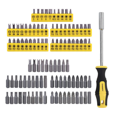 Набор отверток и бит, 65 предметов, двухкомпонентные рукоятки, пластиковый кейс, ГРАНДМАСТЕР, 671334