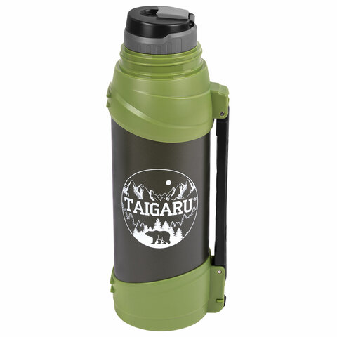Термос классический, нержавеющая сталь, 2 л, черно-оливковый, 2 кружки, ручка + ремешок, TAIGARU (ТАЙГАРУ), 608816