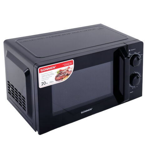 Микроволновая печь SONNEN MW2070BL-6MB, 20 л, 700 Вт, таймер, механическое управление, ручка, черная, 454983