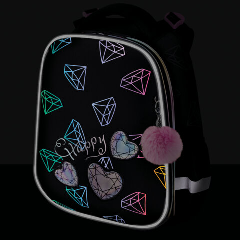 Ранец BRAUBERG LUMINOUS, 2 отделения, с брелоком, "Бриллианты", СВЕТЯЩИЙСЯ РИСУНОК, 38х29х16 см, 272070