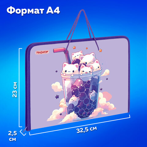 Папка для труда на молнии с ручками ПИФАГОР А4, 1 отделение, пластик, органайзер, "Bubble tea", 273387