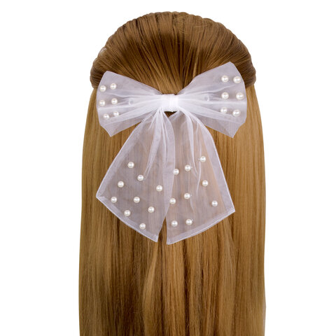 Заколка для волос 16х14 см, баретте с бантом и бусинами, белый, MONTE VITA (МОНТЕ ВИТА), 457120