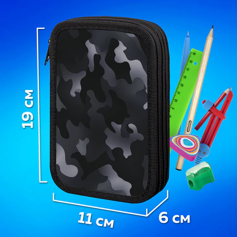 Пенал ПИФАГОР, 3 отделения, ламинированный картон, 19х11 см, "Black camo", 273489