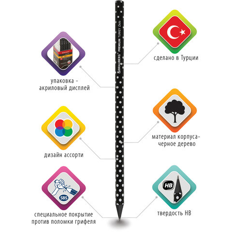Карандаш чернографитный BRAUBERG "PREMIUM TURKEY", 1 шт., "Dots", НВ, ассорти, дисплей, 181563