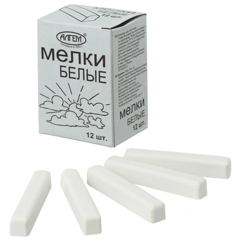 Мел белый квадратный 12 штук, АЛГЕМ, картонная упаковка, НМБ-12