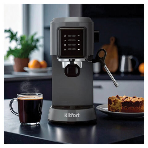 Кофеварка рожковая KITFORT КТ-7293, 1050 Вт, объем 1,5 л, 15 бар, ручной капучинатор, серебристая