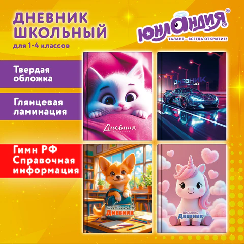 Дневник 1-4 класс 48 л., твердый, ЮНЛАНДИЯ, глянцевая ламинация, с подсказом, "МИКС", 107580