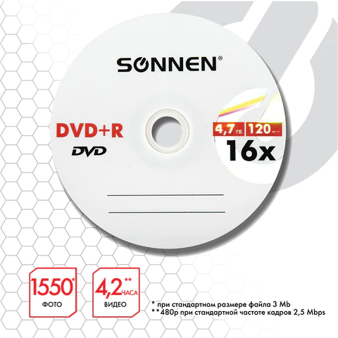 Диск DVD+R SONNEN, 4,7 Gb, 16x, Cake Box (упаковка на шпиле), КОМПЛЕКТ 25 шт., 513532