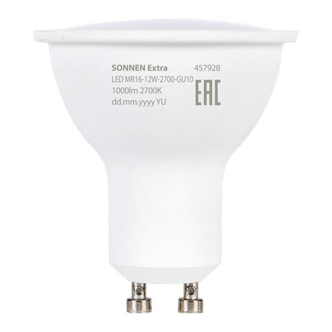 Лампа светодиодная SONNEN EXTRA, 12 (110) Вт, GU10, софит, теплый белый, 30000 ч, LED MR16-GU10-12W-2700, 457928