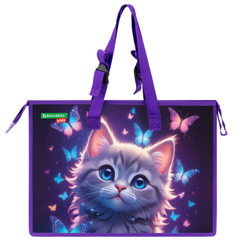 Папка для рисунков и чертежей с регулируемыми ручками BRAUBERG KIDS А3, 1 отделение, карман внутри, "Curious cat", 273414