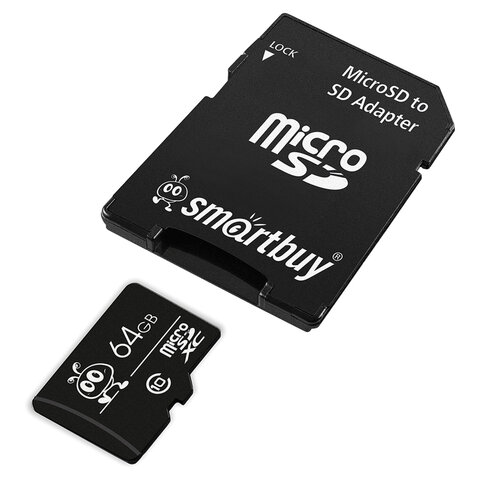Карта памяти micro SDXC, 64 GB, SMARTBUY, 10 Мб/сек. (class 10), с адаптером, SB64GBSDCL10-01