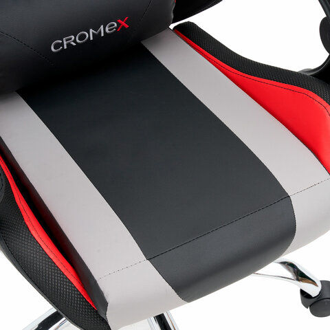 Кресло компьютерное CROMEX (КРОМЕКС) "Quantum GM-155 RGB", подсветка, две подушки, экокожа, черное/красное/серое, 532955
