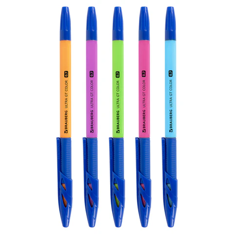 Ручка шариковая с грипом BRAUBERG "ULTRA GT COLOR", СИНЯЯ, корпус ассорти, линия 0,35 мм, 144055