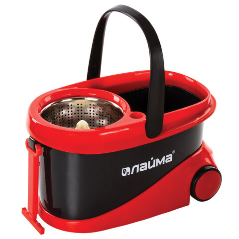 Швабра с отжимом и ведром 19л/9л на колесах и ручкой для перевозки, отжим центрифуга, 2 круглые насадки, черно-красный, LAIMA, 606303, M029B