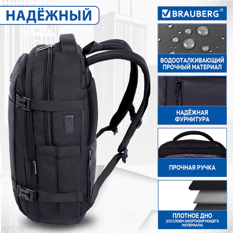 Рюкзак BRAUBERG FUNCTIONAL с отделением для ноутбука, 2 отделения, USB-порт, Solid, 46х31х15 см, 272575
