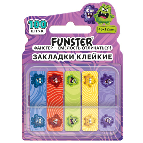 Закладки клейкие Z-сложения FUNSTER (ФАНСТЕР) "Монстрики", 45х12 мм, 100 шт. (5 цветов х 20 листов), в диспенсере, 116701