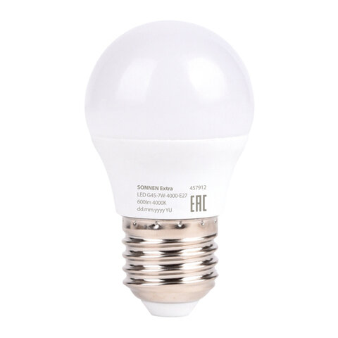 Лампа светодиодная SONNEN EXTRA, 7 (60) Вт, E27, шар, нейтральный белый, 30000 ч, LED G45-7W-4000-Е27, 457912