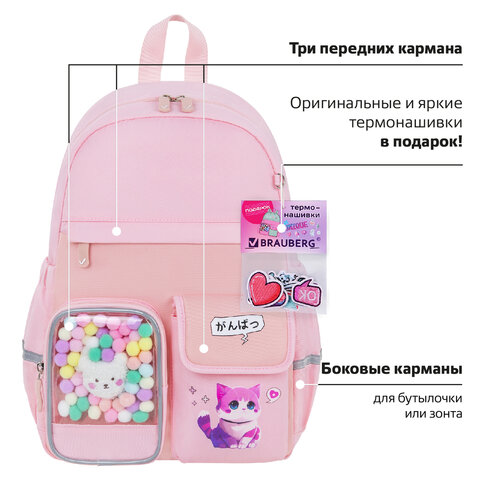 Рюкзак BRAUBERG PASTEL с термонашивками в комплекте, "Anime kitten", персиковый, 40х29х14 см, 272065