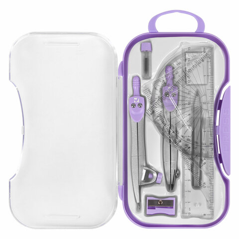 Готовальня BRAUBERG SCHOOL KIT, 11 предметов, циркуль 115 мм, циркуль 125 мм, чертежные принадлежности, лавандовый цвет, 210714