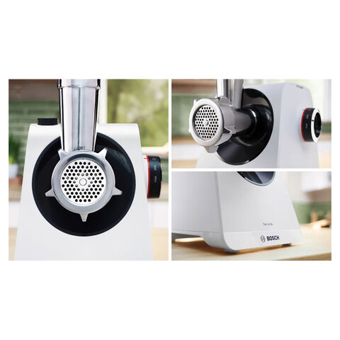 Мясорубка BOSCH MFWS420W, мощность 1900 Вт, производительность 2,5 кг/мин, металлический шнек, реверс
