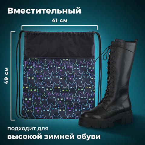 Мешок для обуви BRAUBERG БОЛЬШОЙ, с ручкой, карман на молнии, сетка, 49х41 см, "Cats", 271059