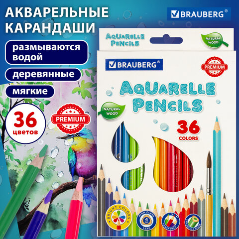 Карандаши цветные акварельные BRAUBERG PREMIUM AQUARELLE, 36 цветов, трехгранные, утолщенный грифель 4 мм, натуральное дерево, 181674