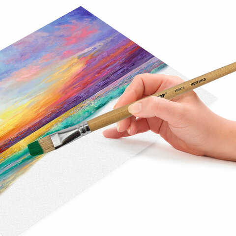 Кисть ПИФАГОР, ЩЕТИНА, плоская, № 14, деревянная лакированная ручка, пакет с подвесом, 200876