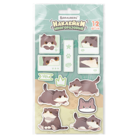 Наклейки зефирные BRAUBERG CUTE CATS, многоразовые, 10*15 см, 666054